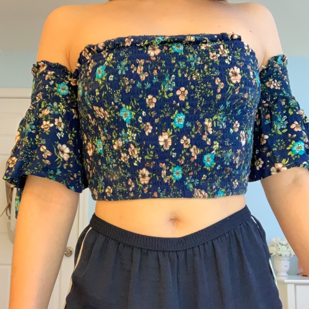 Dark Blue Floral And Smocked Crop Top